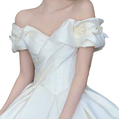 Vestido de Novia Satén Hombros Descubiertos Encaje Francés Elegancia Premium - Image 5