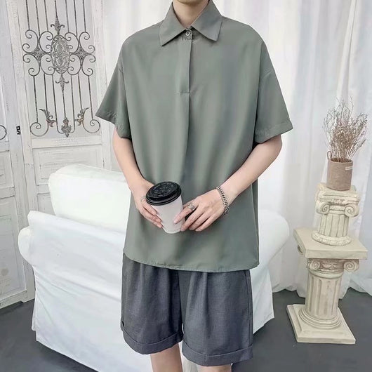Camisa Suelta de Manga Corta en Color Sólido para Hombre - Image 8