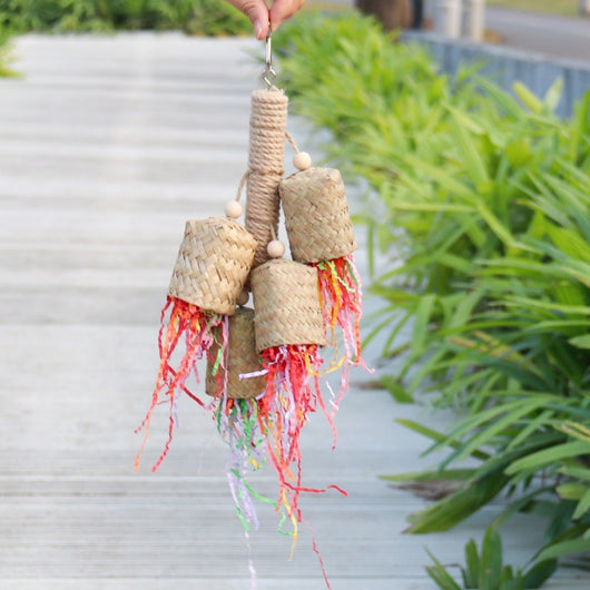 Colorful shredded paper biting bird toy with sisal rope, woven baskets, and wooden beads for parrots. - Image 8