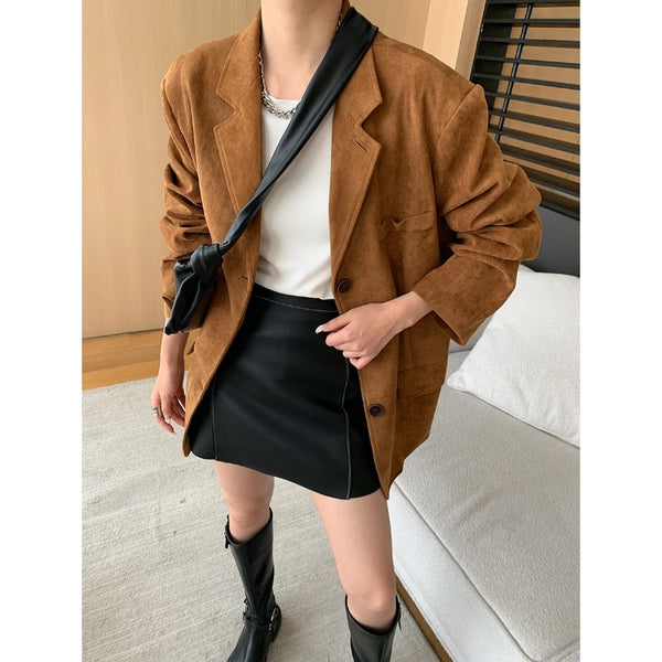 Blazer Suelto Estilo Vintage en Gamuza Sintética