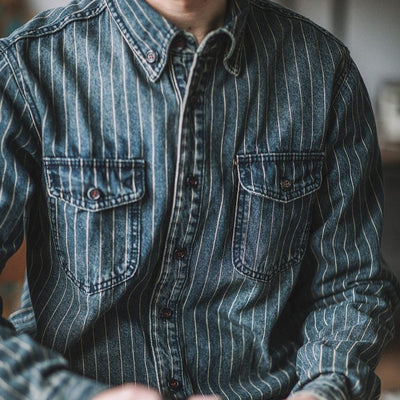 Camisa Denim Vintage a Rayas Verticales Manga Larga para Hombre - Image 6