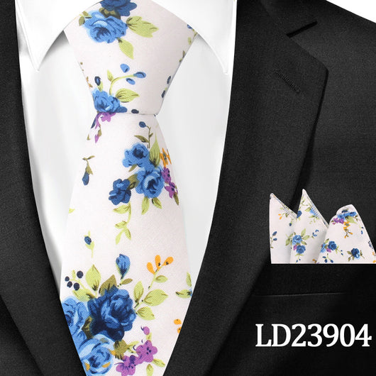 Corbata Casual de Algodón con Estampado Floral 6cm + Pañuelo de Bolsillo - Image 5