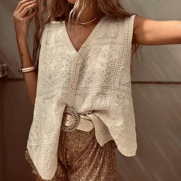 Chaleco Cardigan con Encaje Bordado y Hebilla - Top Versátil para Vacaciones