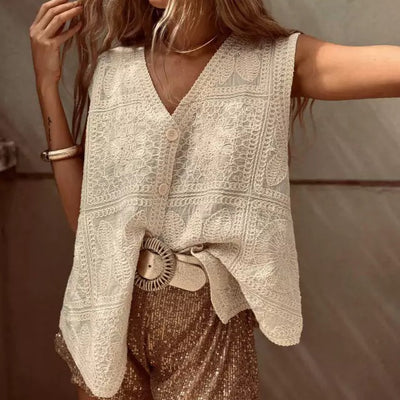 Chaleco Cardigan con Encaje Bordado y Hebilla - Top Versátil para Vacaciones