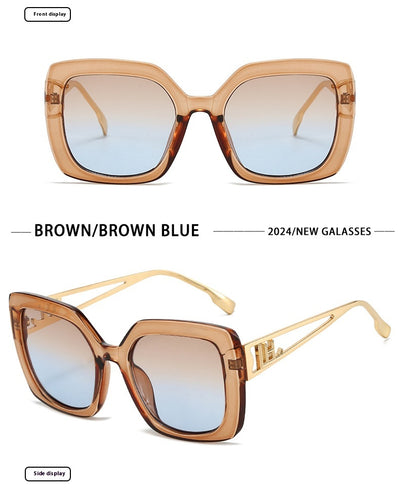 Women's square fashion sunglasses with red and green gradient tortoise shell frames and gradient purple-to-yellow lenses. - Image 16