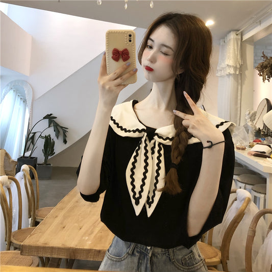 Blusa Preppy Cuello Marino Manga Corta - Estilo Chic y Versátil