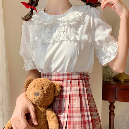 Blusa Soft Girl Cuello Muñeca Manga Corta Dulce