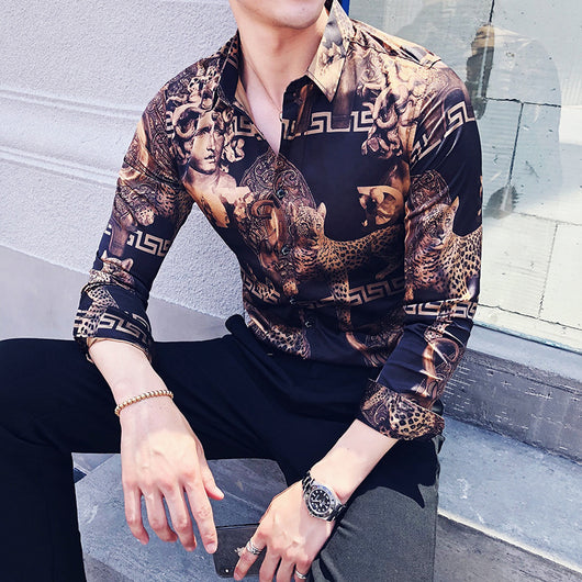 Camisa Estampada Manga Larga Ajuste Slim Estilo Coreano - Image 5