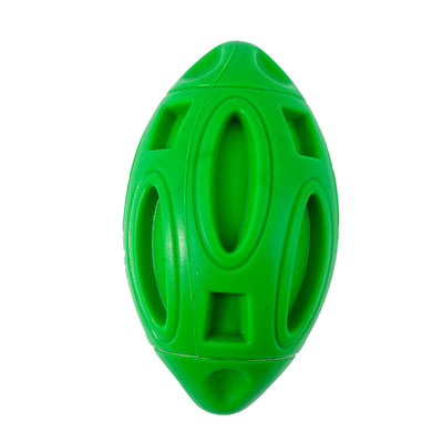 Orange rubber dog toy shaped like a rugby ball with hollowed-out sections, designed for wear-resistant chewing. - Image 8