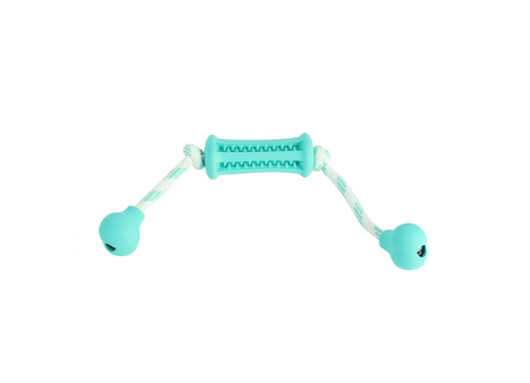 Two-tone teal and off-white dog molar toy with textured nubs and ridges, designed for chewing and dental health. - Image 5