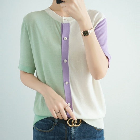 Blusa Fresca de Bloques de Color con Cuello en V - Image 3