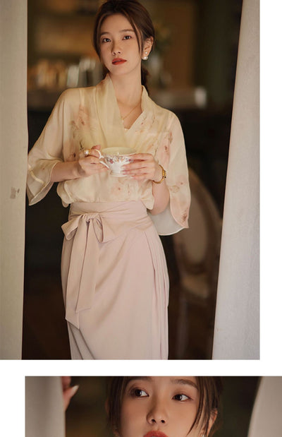 Conjunto de Dos Piezas: Blusa Floral de Gasa con Falda Elegante - Image 19