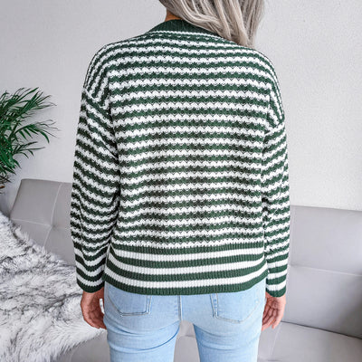 Suéter Tejido de Cuello V con Rayas y Mangas Largas para Otoño e Invierno - Image 12