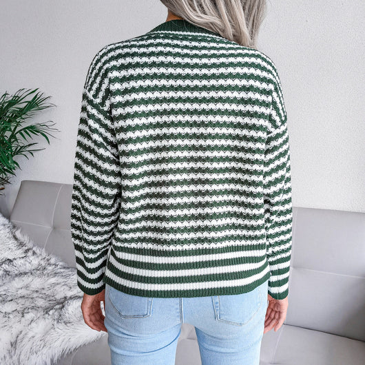 Suéter Tejido de Cuello V con Rayas y Mangas Largas para Otoño e Invierno - Image 12