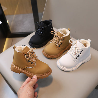 Black children's fashion Martin boots with laces and a side zipper, featuring a thick rubber sole.