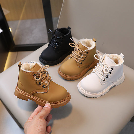 Black children's fashion Martin boots with laces and a side zipper, featuring a thick rubber sole.