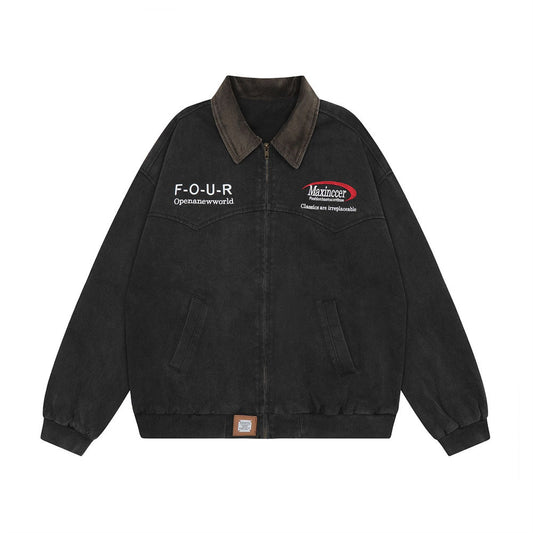 Chaqueta de Lona Retro con Cuello Solapa y Bordado de Alfabeto Americano
