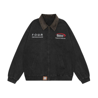 Chaqueta de Lona Retro con Cuello Solapa y Bordado de Alfabeto Americano