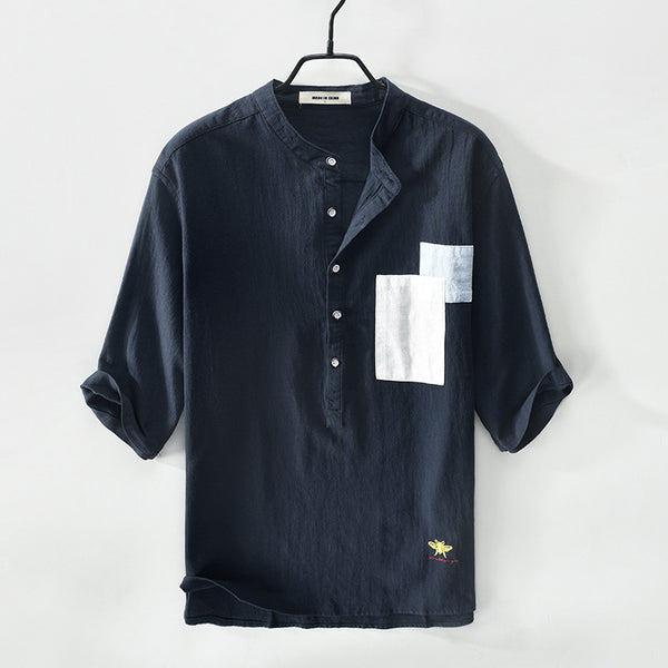Camisa Hombre Manga Cinco Puntos Algodón Lino con Parches