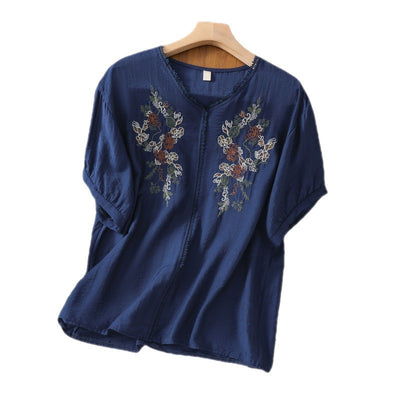 Blusa Suelta de Algodón y Lino con Escote V y Manga Corta para Mujer - Image 5