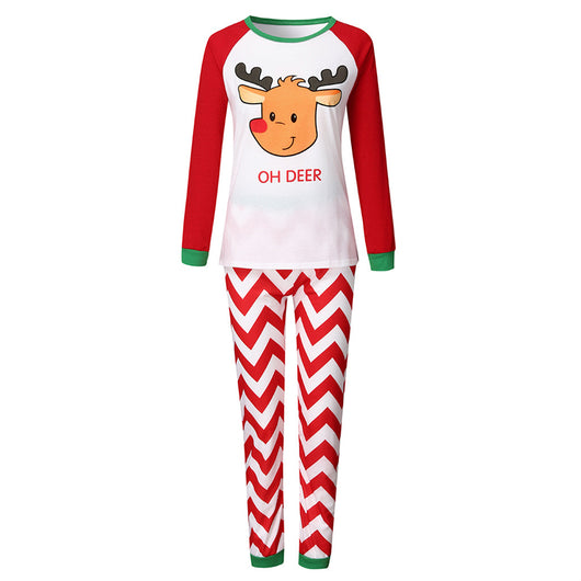 Red and white parent-child pajama set with a reindeer graphic top and chevron stripe pants, green cuffs. - Image 8