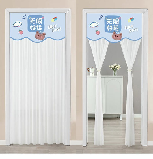 Double-layer blackout doorway curtain with a light blue top featuring a cartoon bear and "LUCK DAY!" text. - Image 40
