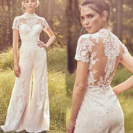 Traje Jumpsuit de Novia Elegante Manga Corta