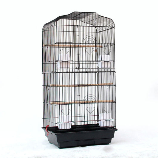 White wire bird cage with arched top, multiple wooden perches, plastic food cups, and two wooden nesting boxes. - Image 8