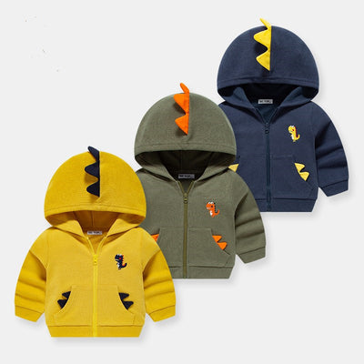 Olive green full-zip hoodie for kids with orange dinosaur spikes on the hood and pockets, and a dinosaur embroidery. - Image 8
