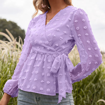 Blusa Elegante de Encaje Jacquard con Escote V y Mangas Largas - Image 4