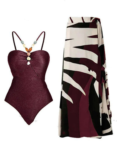 Women's olive green ribbed one-piece swimsuit with colorful beaded straps and matching abstract print sarong skirt. - Image 10