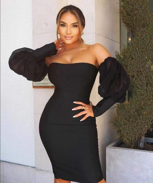 Vestido Bandage Ajustado Asimétrico con Manga Larga Moldeador