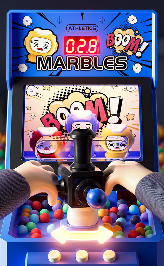 Red tabletop marble game machine with a joystick, buttons, and a lighted display, featuring colorful marbles. - Image 18