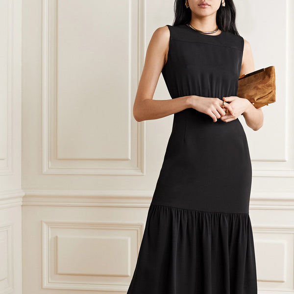 Vestido Negro Elegante sin Mangas con Cuello Redondo y Pliegues para Mujer