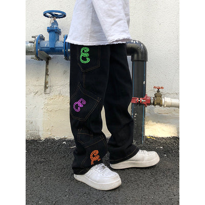 Pantalones Jeans Anchos con Bordado de Letras - Estilo Hip-hop Unisex - Image 11