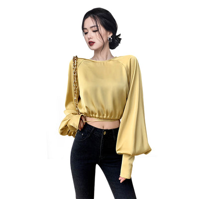 Blusa Cropped de Cuello Redondo con Manga Globo y Botones Simples - Image 4