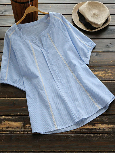 Camisa Casual de Rayas con Parches V-Neck - Image 11
