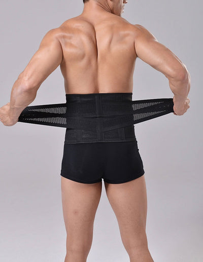 Man wearing a black breathable mesh body shaper slimming belt with adjustable hook-and-loop fasteners. - Image 9