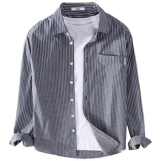Camisa Casual Hombre a Rayas Azul Otoño Estilo Coreano - Image 5