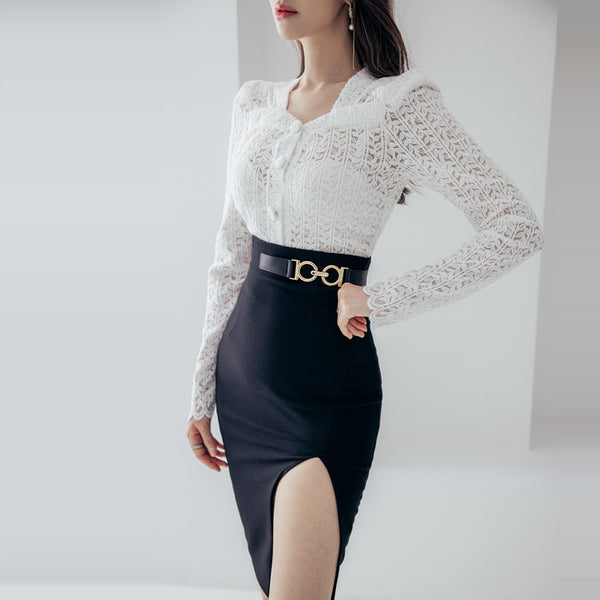 Conjunto Falda Alta de Encaje Hueco y Blusa - Dos Piezas - Image 4