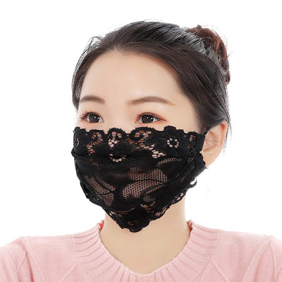 Black lace face mask with embroidered floral pattern and adjustable ear loops, designed for ladies. - Image 3