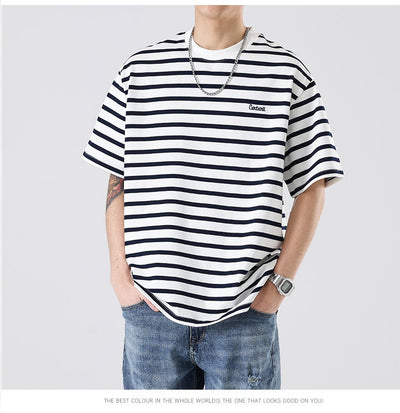 Camiseta Rayada Hombre Marca Americana - Corte Relajado Cuello Redondo - Image 8