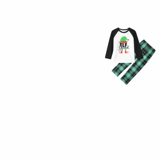 Christmas "ELF Squad" pajama set with white and black raglan long-sleeve top and green plaid pants. - Image 6