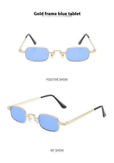 Trendy rectangular sunglasses with gold metal frames and brown lenses, shown from front and a 45-degree angle. - Image 4