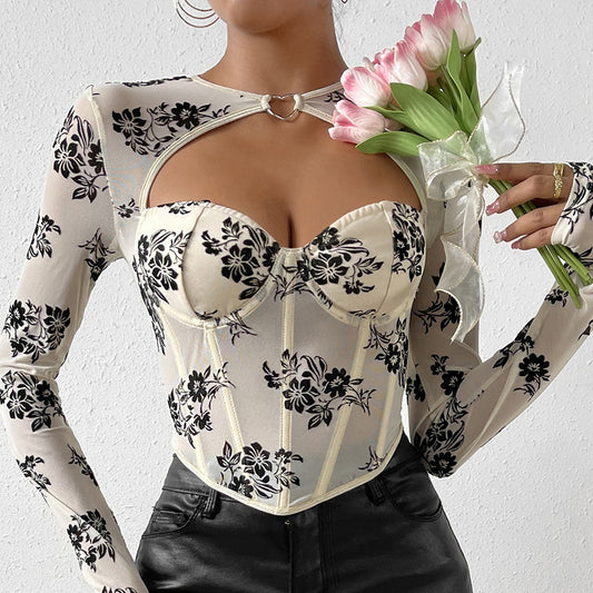 Blusa Sexy Escotada con Mangas Largas y Detalles Recortados