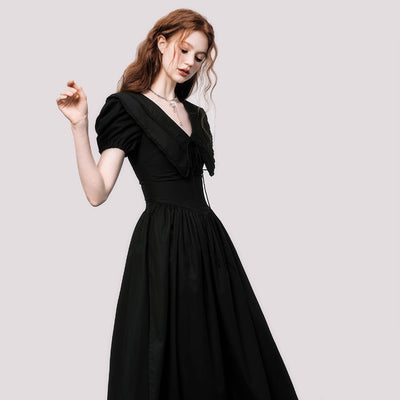 Vestido Negro Elegante con Cuello V y Mangas Abullonadas Estilo Francés