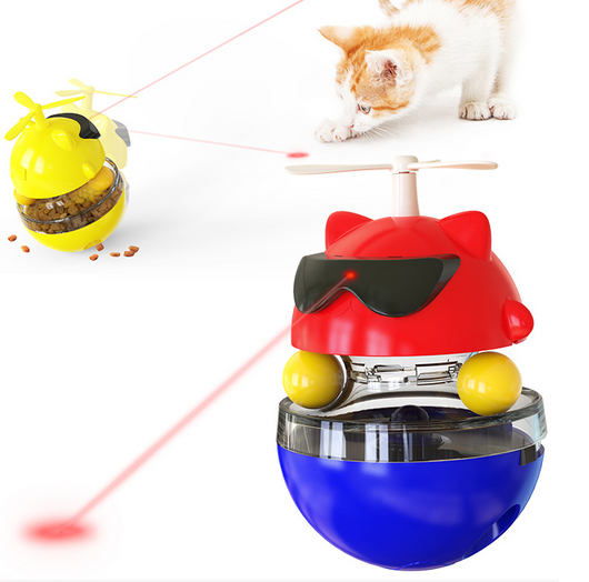 Yellow cat toy shaped like a cat's head with sunglasses and a propeller, featuring a tumbler base with a laser. - Image 7