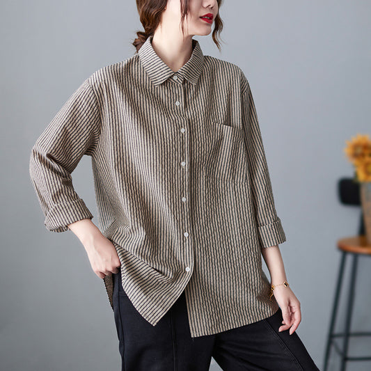 Camisa Vintage Suelta a Rayas para Mujer de Manga Larga