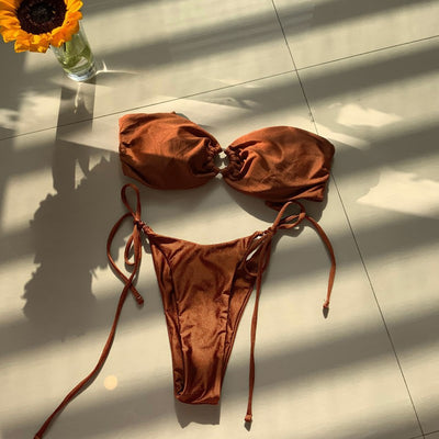 Solid reddish-brown strapless tube top bikini with a gold ring detail and tie-side bottoms. - Image 5