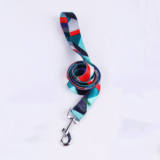 Pink, black, and white patterned polyester dog leash with a silver metal swivel snap hook, coiled on a white background. - Image 11